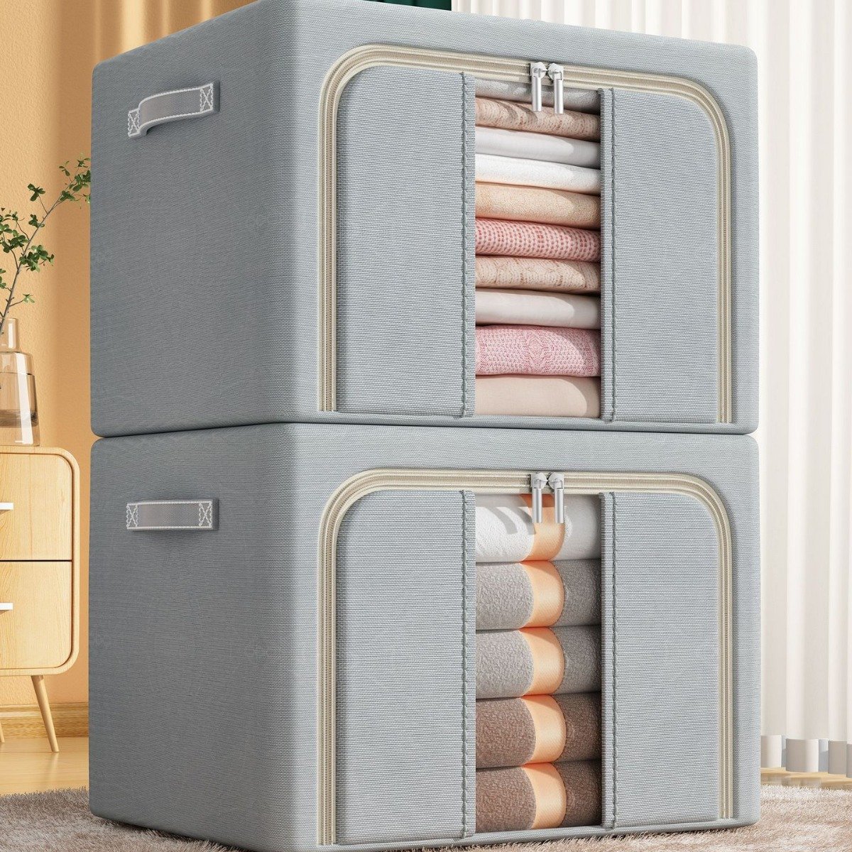 Upgraded Large Oxford Fabric Storage Box Quilt Bag Closet Organizer with Window Folding Clothes Storage Bins
