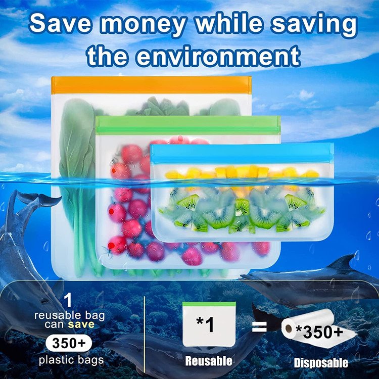 Reusable PEVA BPA Free Food Bag Freezer Stand Up Food Storage Bag Silicone Waterproof Top Kitchen Organizer Fresh Shut Bags
