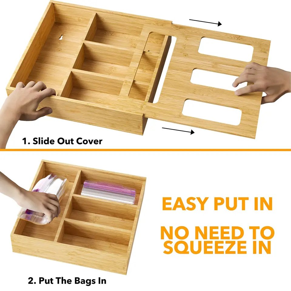Bamboo Ziplock Bag Storage Organizer for Kitchen Drawer, Baggie Organizer, Compatible with Gallon, Quart, Sandwich Size Bag