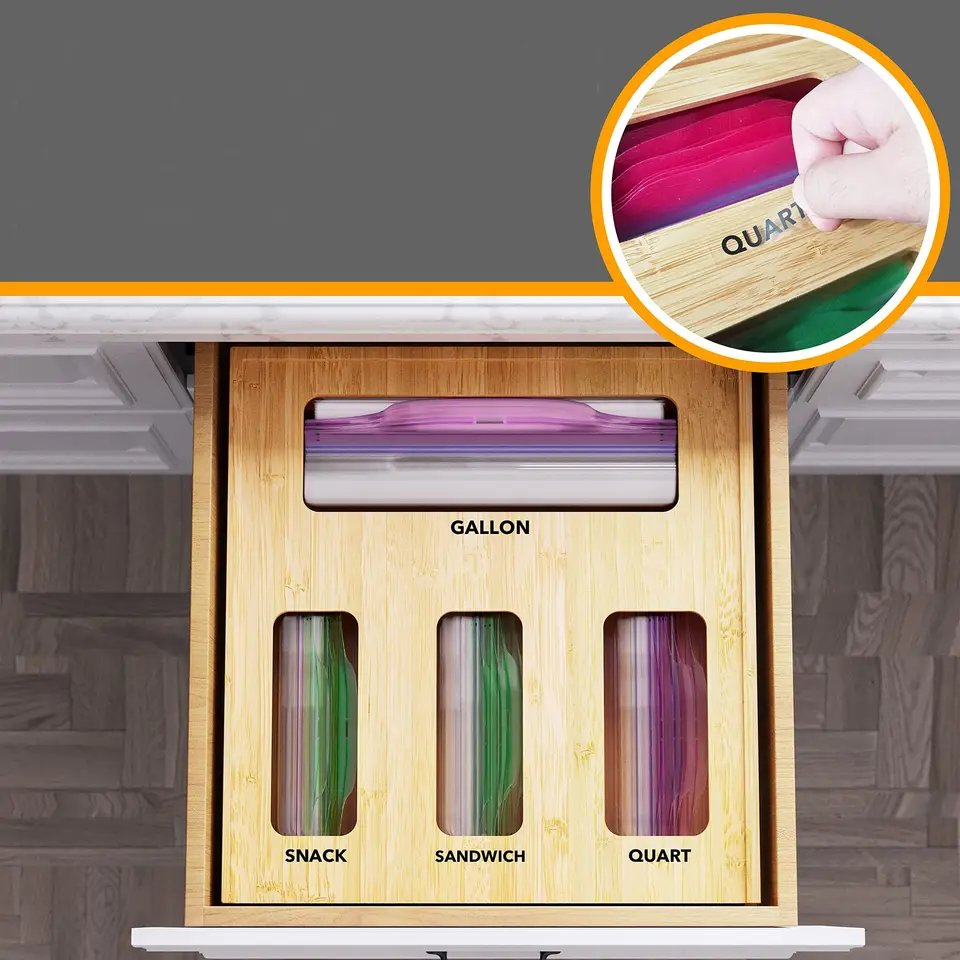 Bamboo Ziplock Bag Storage Organizer for Kitchen Drawer, Baggie Organizer, Compatible with Gallon, Quart, Sandwich Size Bag