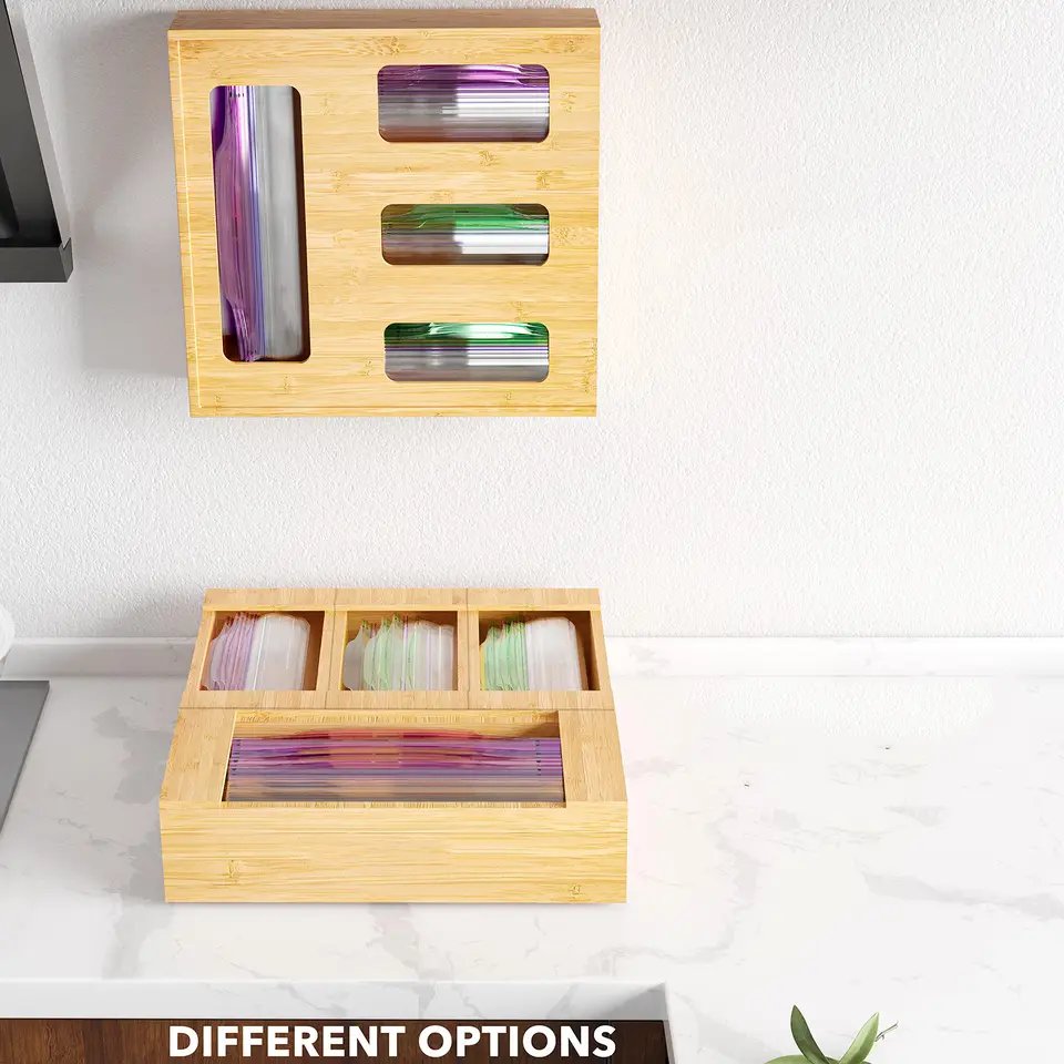 Bamboo Ziplock Bag Storage Organizer for Kitchen Drawer, Baggie Organizer, Compatible with Gallon, Quart, Sandwich Size Bag