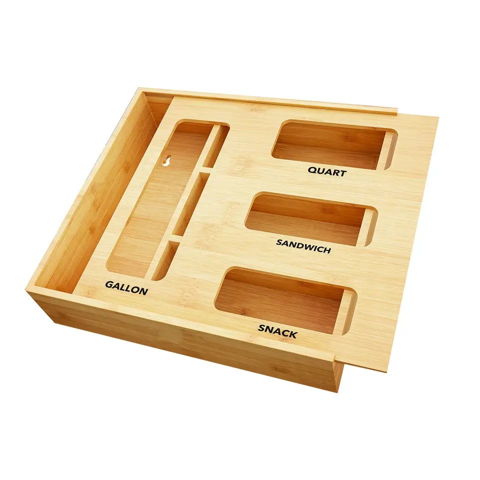 Bamboo Ziplock Bag Storage Organizer for Kitchen Drawer, Baggie Organizer, Compatible with Gallon, Quart, Sandwich Size Bag