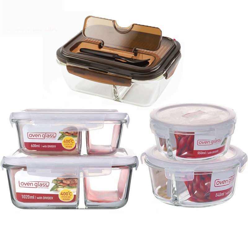 Divided microwave safe Square borosilicate glass lunch box set airtight glass food storage container with divider and lid