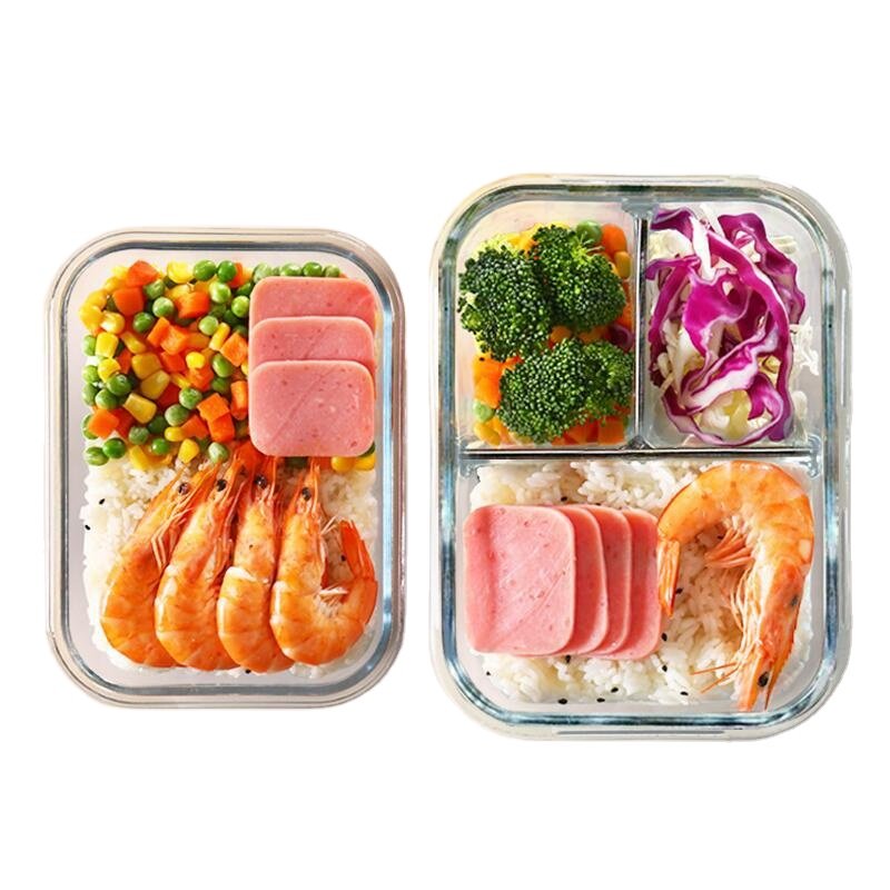 Divided microwave safe Square borosilicate glass lunch box set airtight glass food storage container with divider and lid