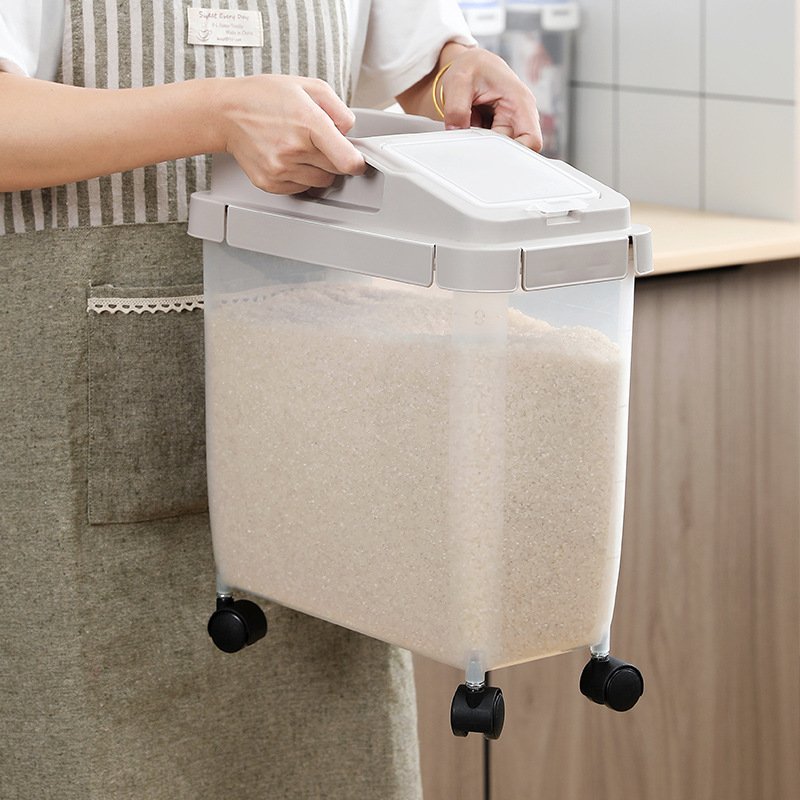 Wholesale 10kg Large Capacity Airtight Food Storage Containers Plastic Movable Rice Container with Wheels and Scoop