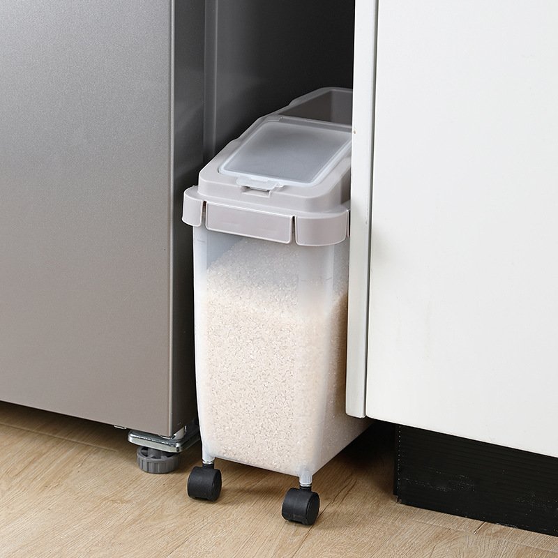 Wholesale 10kg Large Capacity Airtight Food Storage Containers Plastic Movable Rice Container with Wheels and Scoop