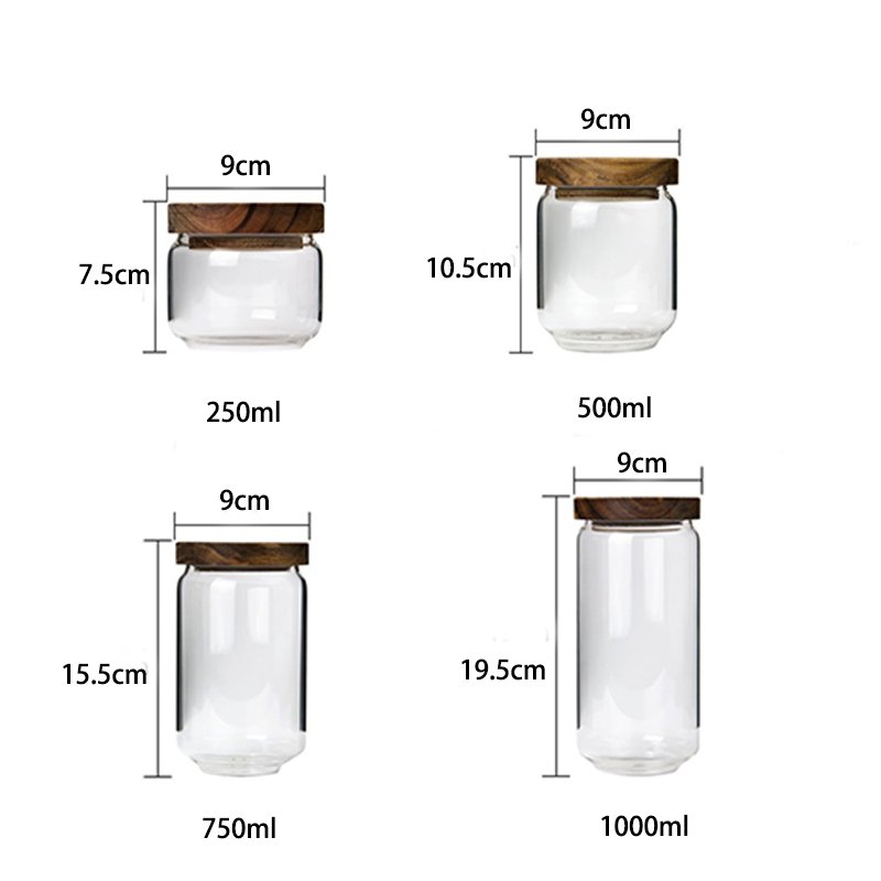 4 Pcs One Set High Quality Borosilicate Spice Glass Jar With Acacia Lids Airtight Glass Food Container Set For Food Storage