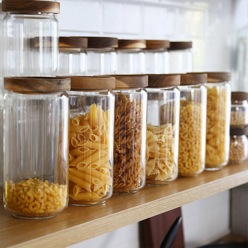 4 Pcs One Set High Quality Borosilicate Spice Glass Jar With Acacia Lids Airtight Glass Food Container Set For Food Storage