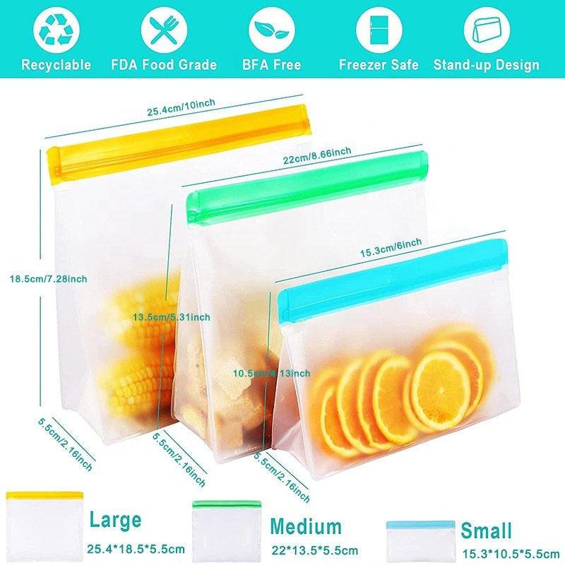 Reusable PEVA BPA Free Food Bag Freezer Stand Up Food Storage Bag Silicone Waterproof Top Kitchen Organizer Fresh Shut Bags