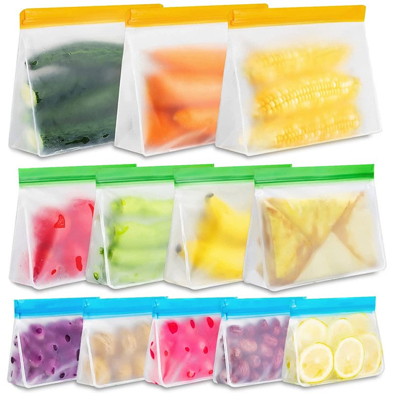 Reusable PEVA BPA Free Food Bag Freezer Stand Up Food Storage Bag Silicone Waterproof Top Kitchen Organizer Fresh Shut Bags