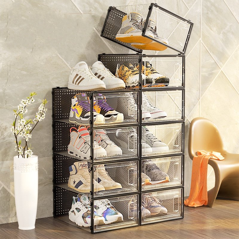 Modern Design Bedroom Foldable Clear Drawer Case Shoes Storage Box Plastic Stackable Shoe Organizer