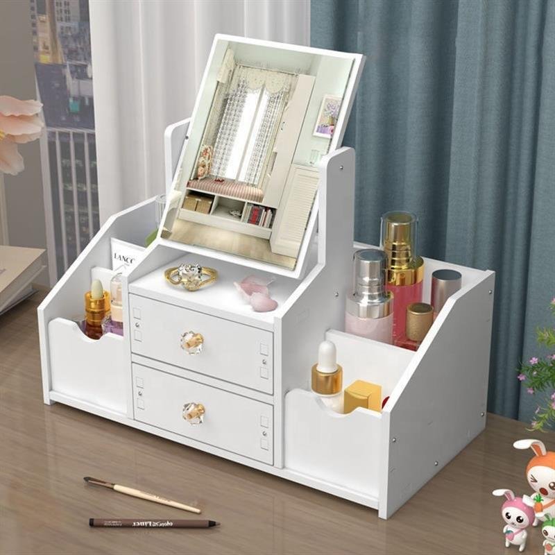 Multifunctional Luxury white round mirror nordic cosmetic storage box makeup organizer with ears Mirror