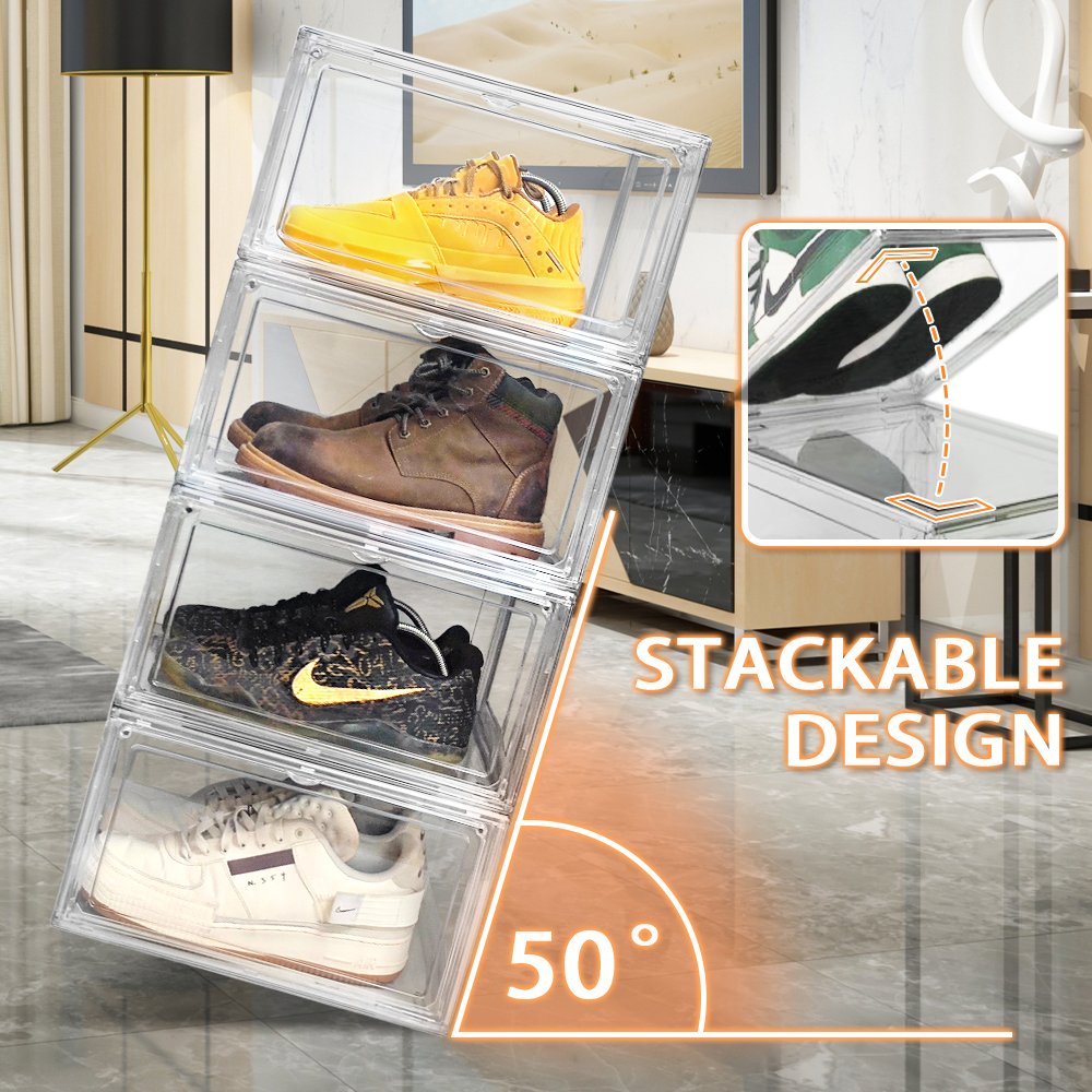 Wholesale Transparent Plastic Sneaker Stackable Shoe Storage Boxes Drop Front Acrylic Drawer Type Magnetic Shoe Box