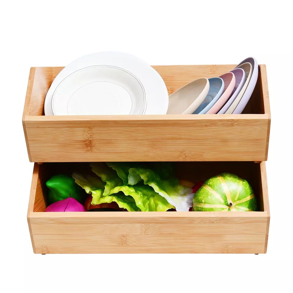 Bamboo Stackable Food Storage Organization Bin Basket Drawer Organizer Crate Boxes with Handles for Kitchen Pantry