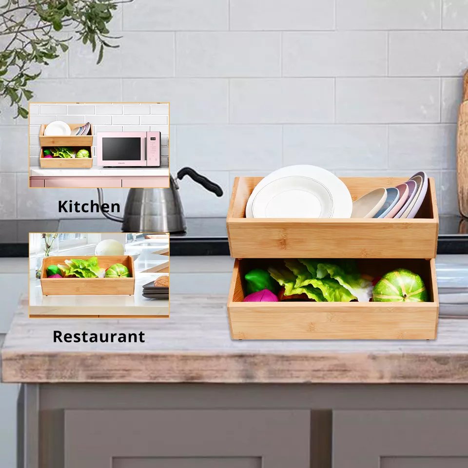 Bamboo Stackable Food Storage Organization Bin Basket Drawer Organizer Crate Boxes with Handles for Kitchen Pantry