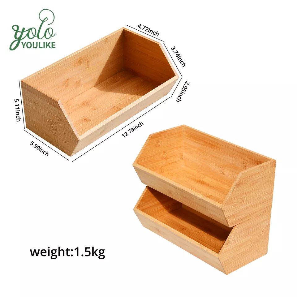 Bamboo Stackable Food Storage Organization Bin Basket Drawer Organizer Crate Boxes with Handles for Kitchen Pantry