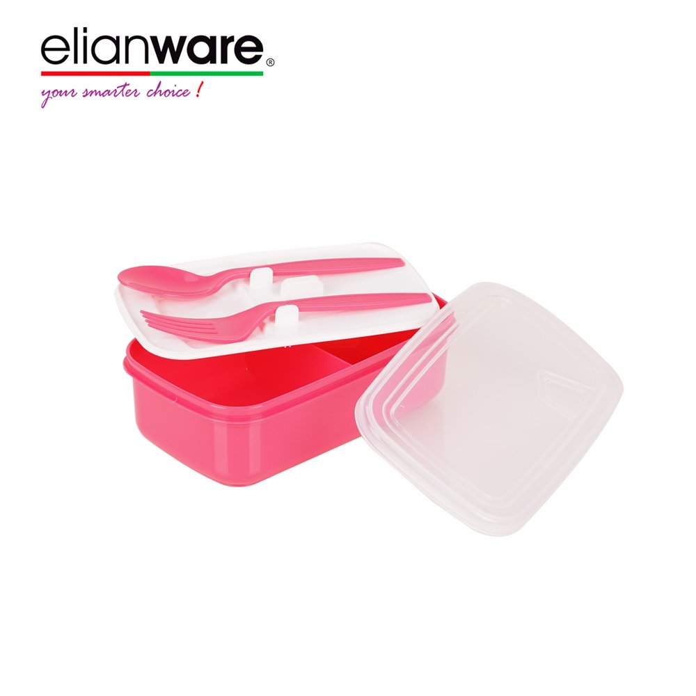 Elianware Compartment lunch box spoon and Fork BPA FREE Plastic Food Container with Compartment Microwavable Lunch Box Bento Box