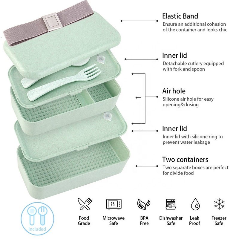 Bpa Free Portable Double Layer Korean Eco Friendly Custom Insulated Biodegradable Wheat Straw Lunch Bento Box