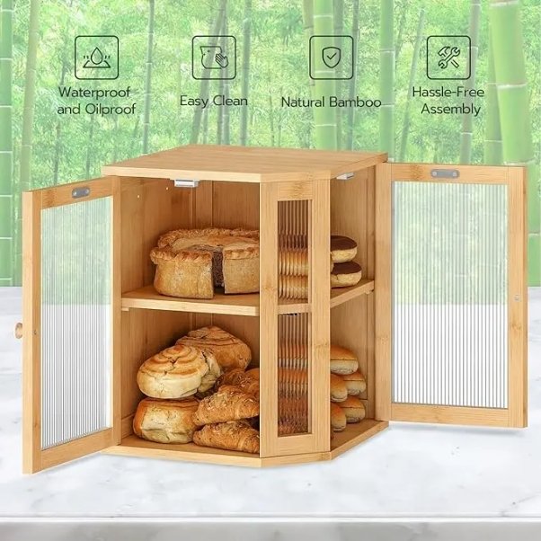 Ownswing Double Door Bamboo Food Storage Container Kitchen Corner Bread Box With Acrylic Windows Large Capacity