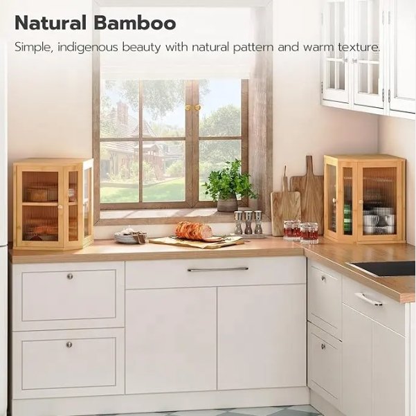 Ownswing Double Door Bamboo Food Storage Container Kitchen Corner Bread Box With Acrylic Windows Large Capacity