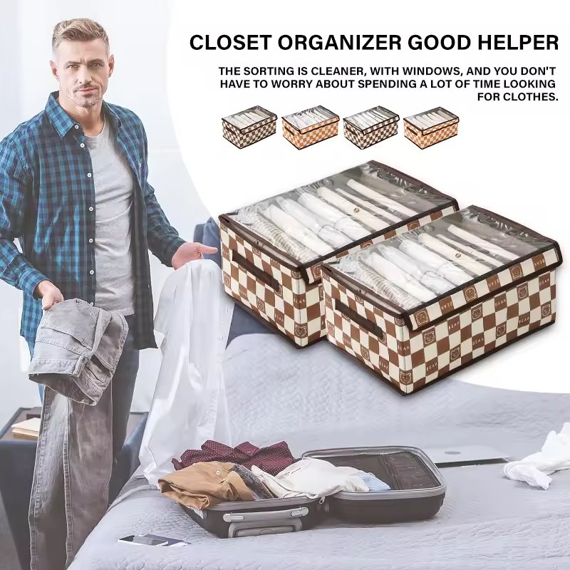 Checkered Little Bear Pattern Wardrobe Pants Underwear Organizer Foldable Socks Bra Storage Box Drawer Storage Divider Box