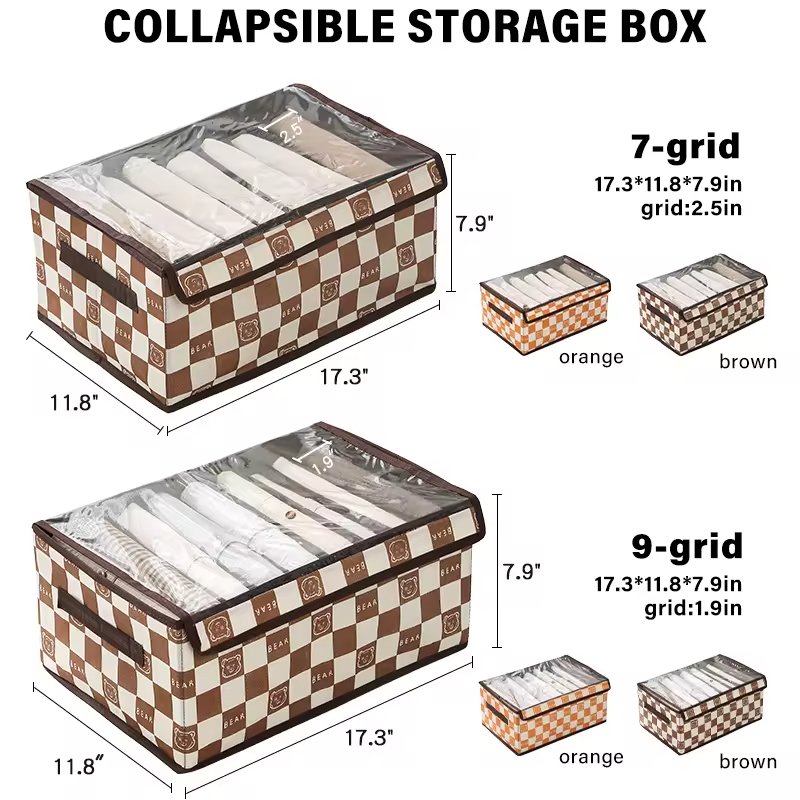 Checkered Little Bear Pattern Wardrobe Pants Underwear Organizer Foldable Socks Bra Storage Box Drawer Storage Divider Box