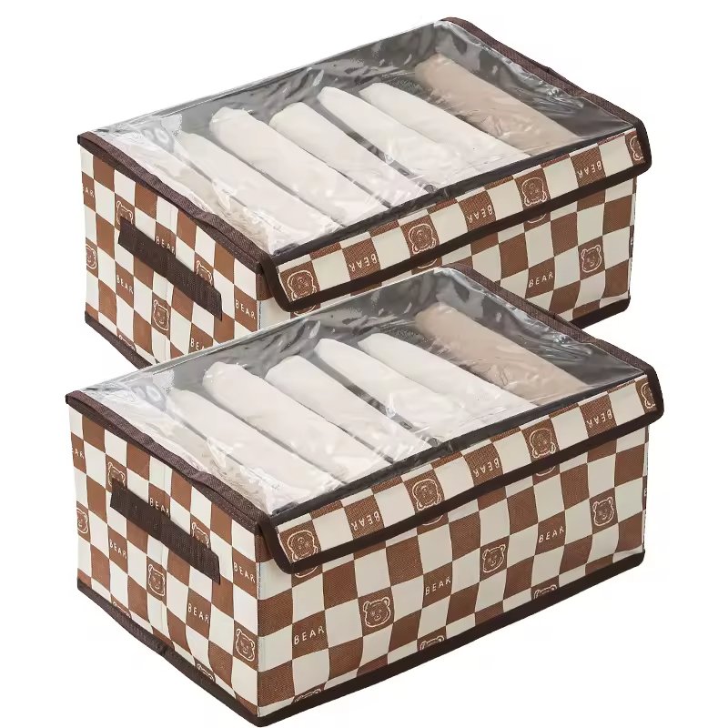 Checkered Little Bear Pattern Wardrobe Pants Underwear Organizer Foldable Socks Bra Storage Box Drawer Storage Divider Box
