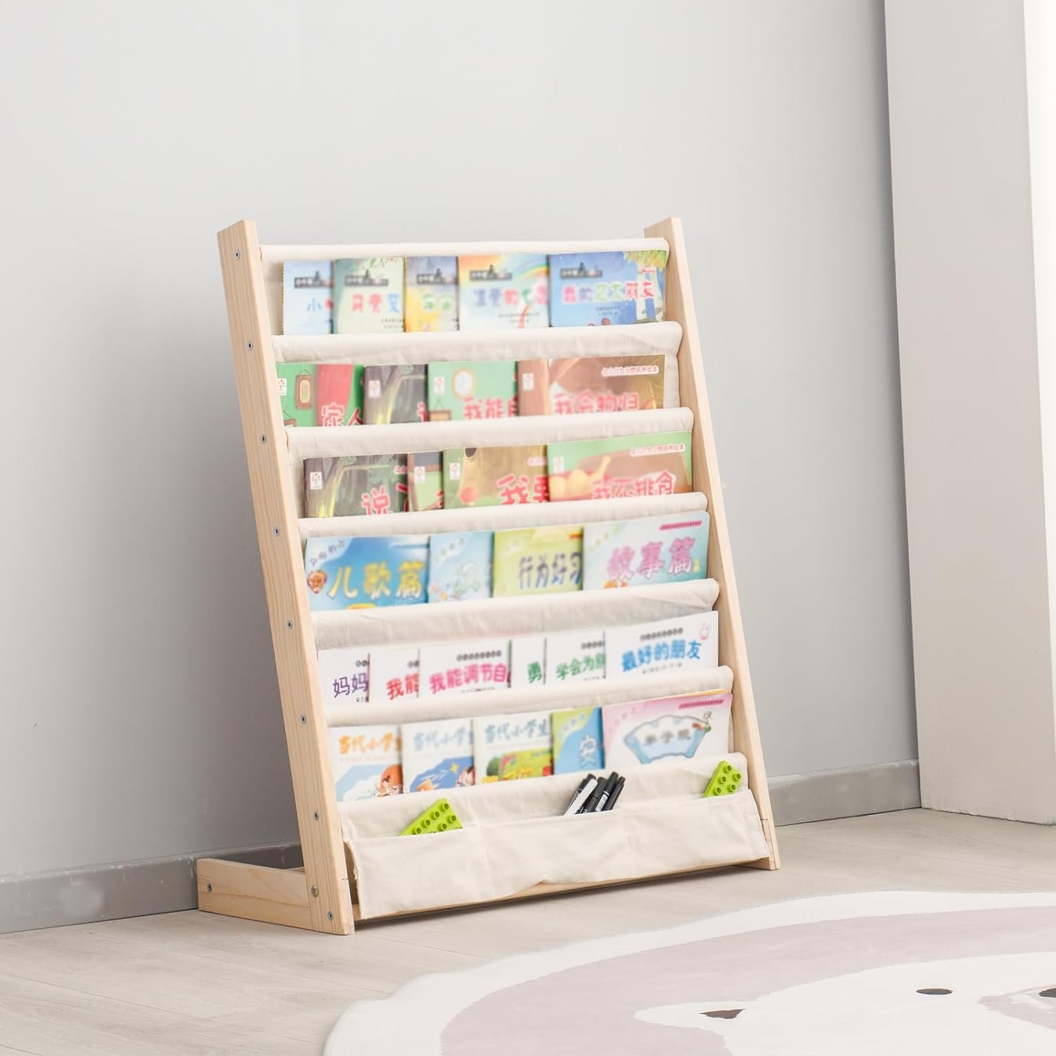 202407 Carved 6 Tier Wood Bookrack with Canvas Storage Shelf Standing Type Display Bookshelf for Bedroom & Living Room