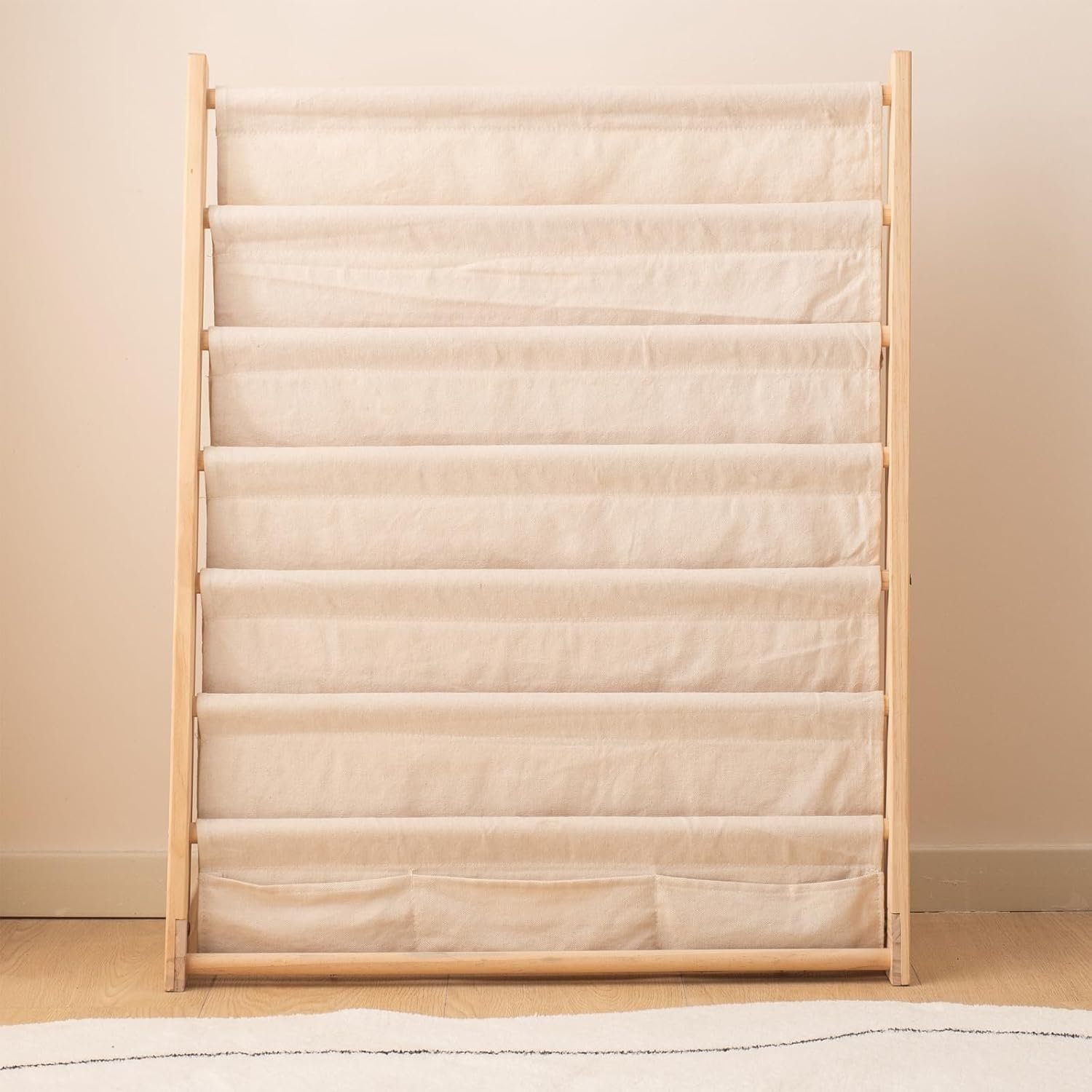 202407 Carved 6 Tier Wood Bookrack with Canvas Storage Shelf Standing Type Display Bookshelf for Bedroom & Living Room