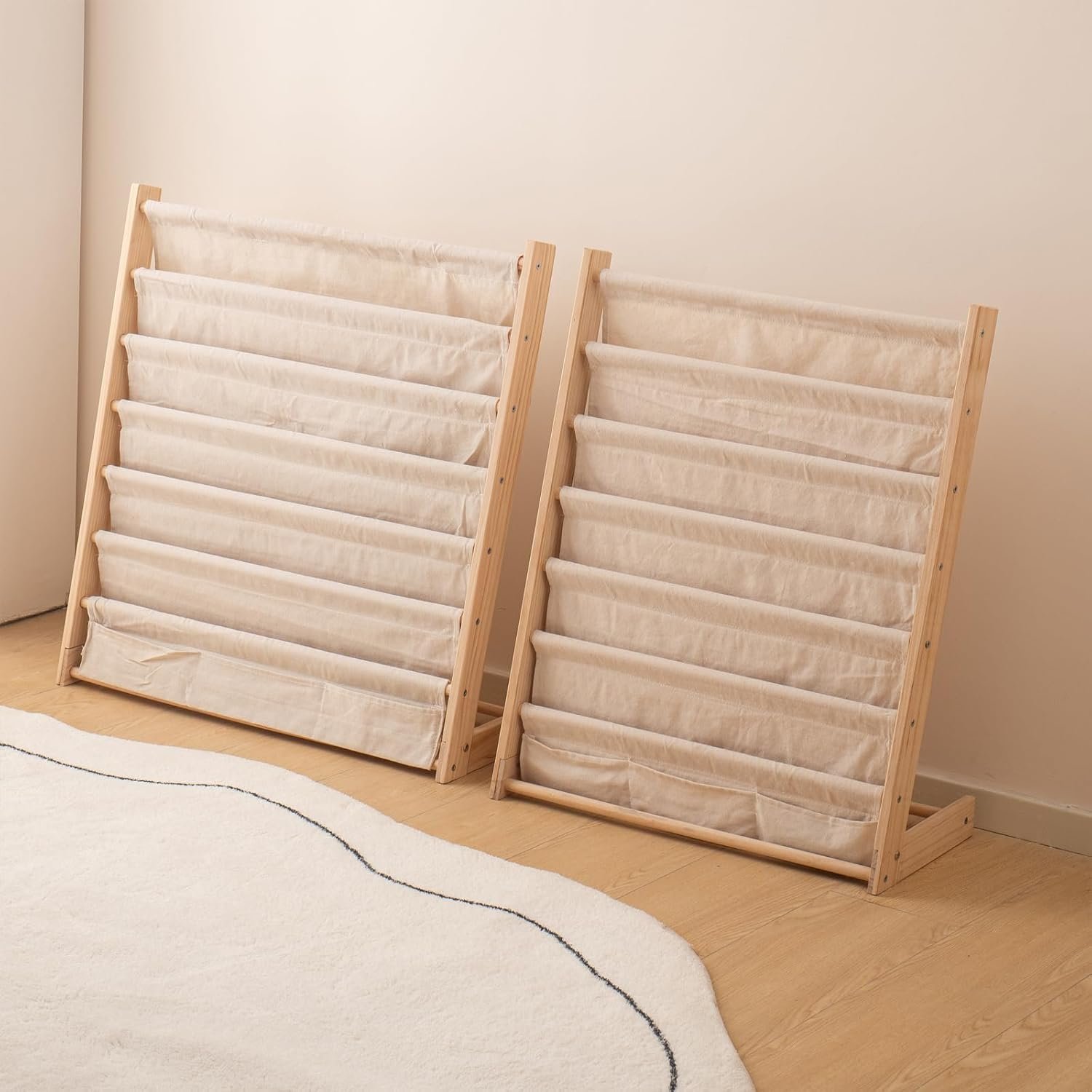 202407 Carved 6 Tier Wood Bookrack with Canvas Storage Shelf Standing Type Display Bookshelf for Bedroom & Living Room
