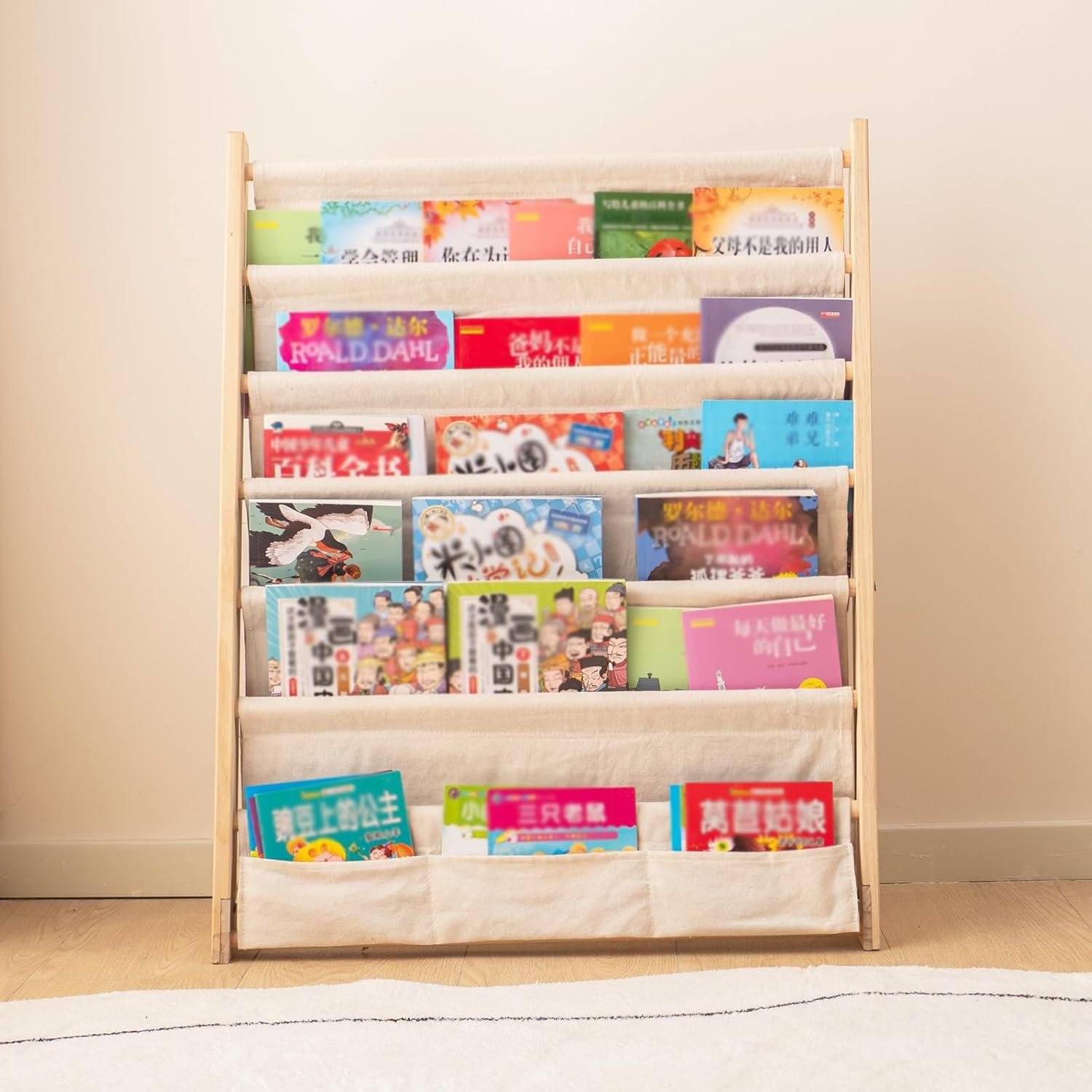 202407 Carved 6 Tier Wood Bookrack with Canvas Storage Shelf Standing Type Display Bookshelf for Bedroom & Living Room
