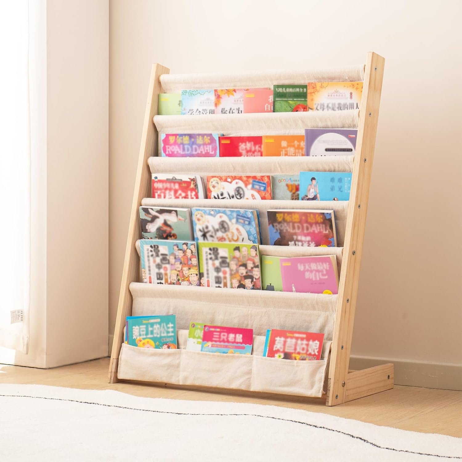 202407 Carved 6 Tier Wood Bookrack with Canvas Storage Shelf Standing Type Display Bookshelf for Bedroom & Living Room