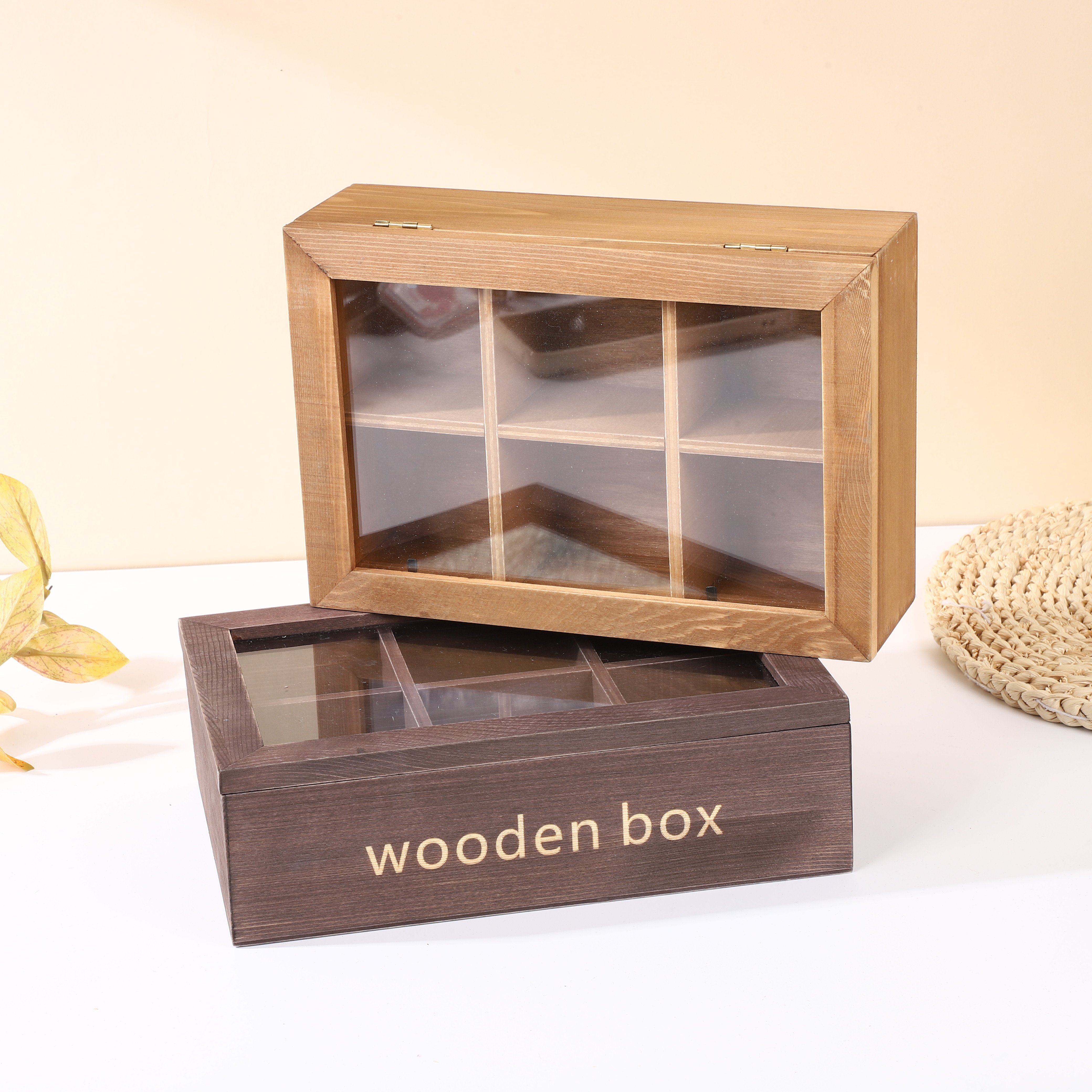 Jewelry Wooden tea box with Magnetic Hinged Lid tea wooden box Natural Bamboo Tea Box Storage Organizer with 6 Compartments