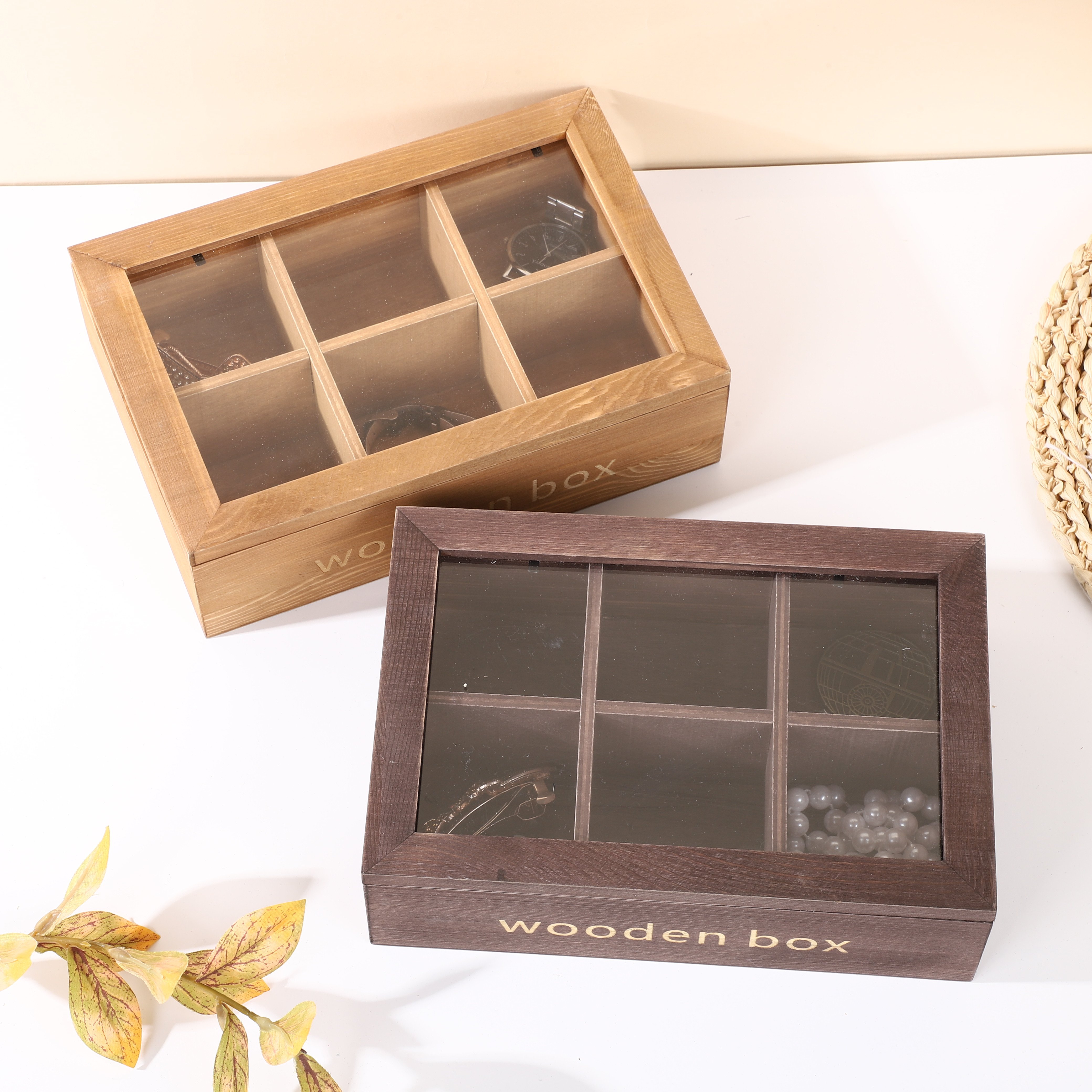 Jewelry Wooden tea box with Magnetic Hinged Lid tea wooden box Natural Bamboo Tea Box Storage Organizer with 6 Compartments