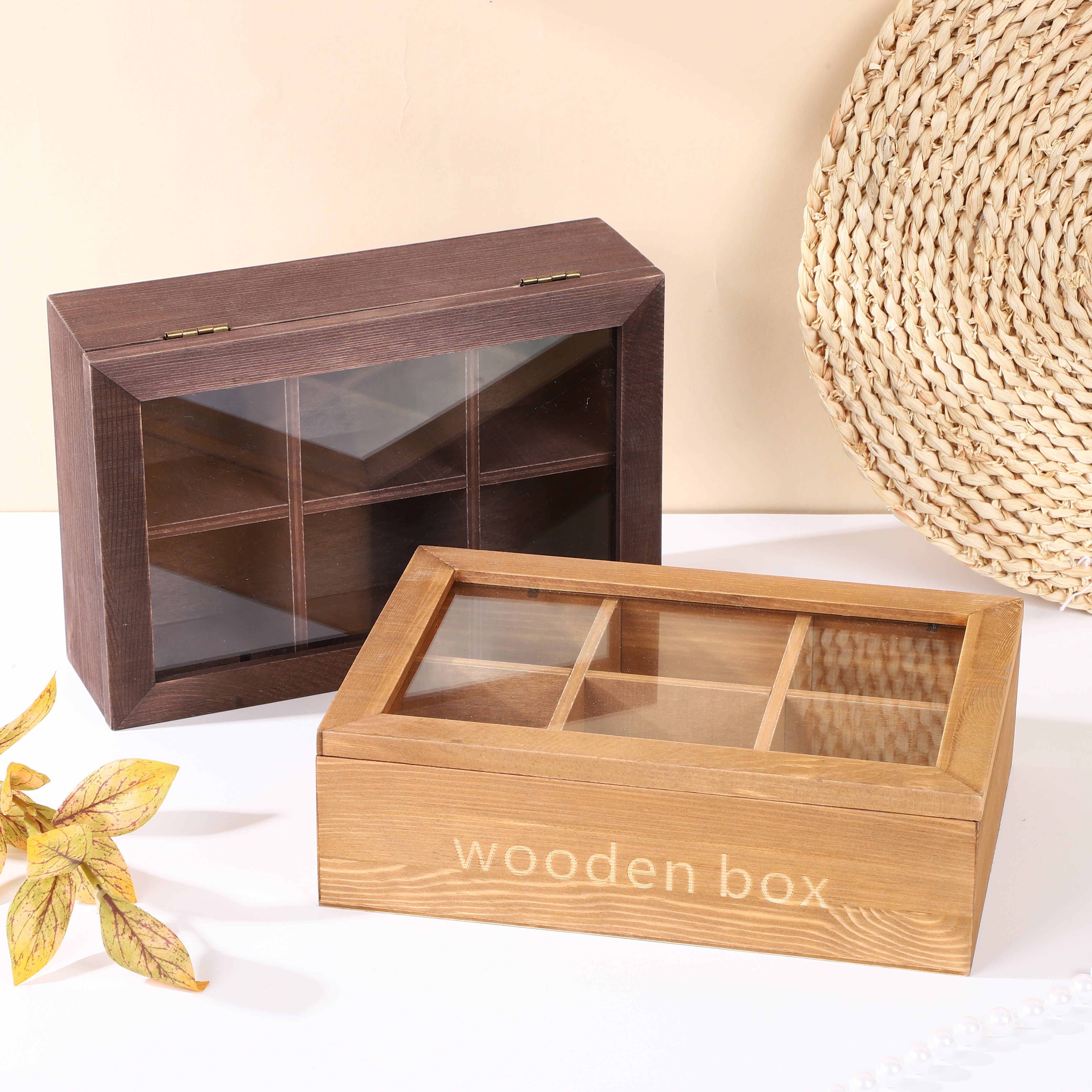 Jewelry Wooden tea box with Magnetic Hinged Lid tea wooden box Natural Bamboo Tea Box Storage Organizer with 6 Compartments