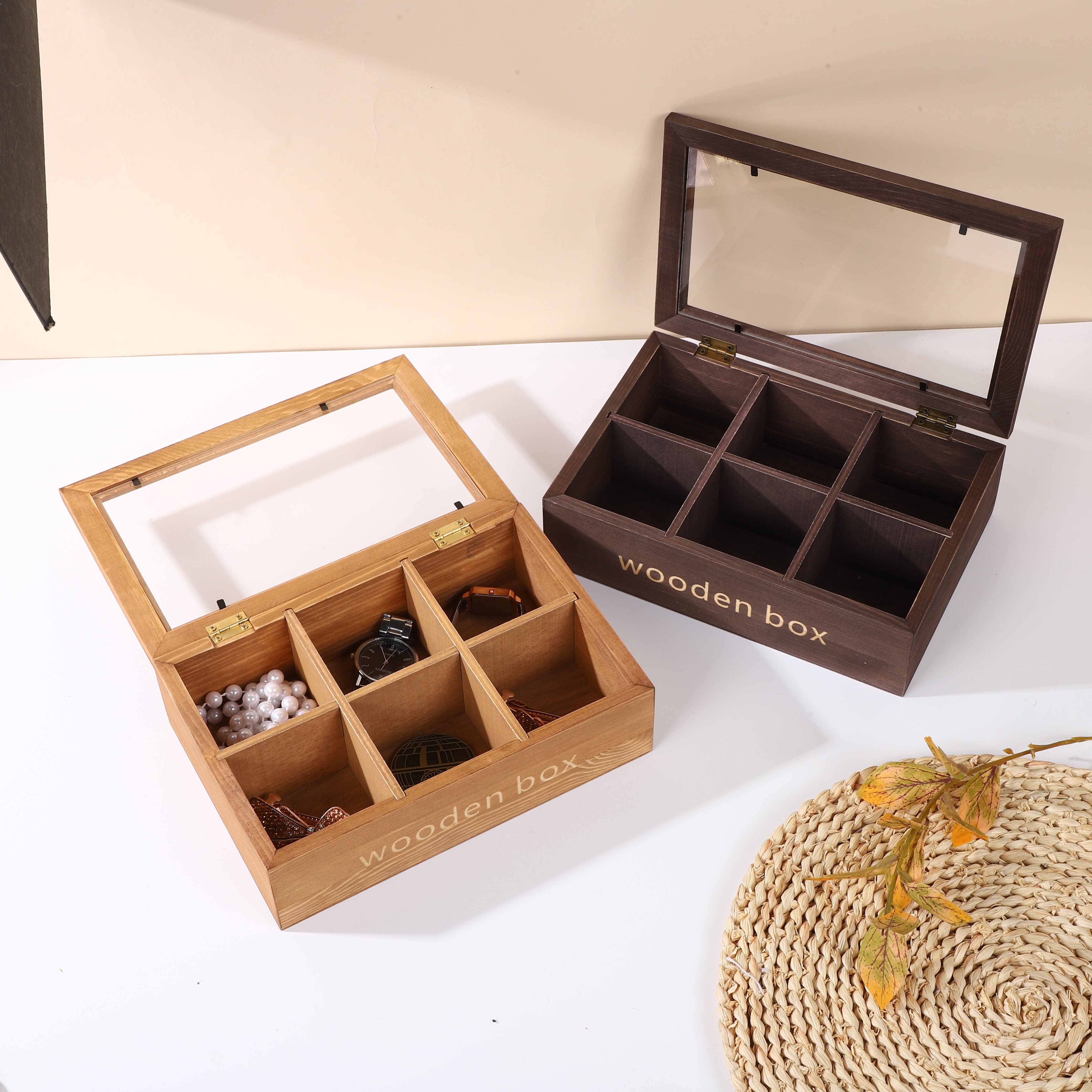 Jewelry Wooden tea box with Magnetic Hinged Lid tea wooden box Natural Bamboo Tea Box Storage Organizer with 6 Compartments