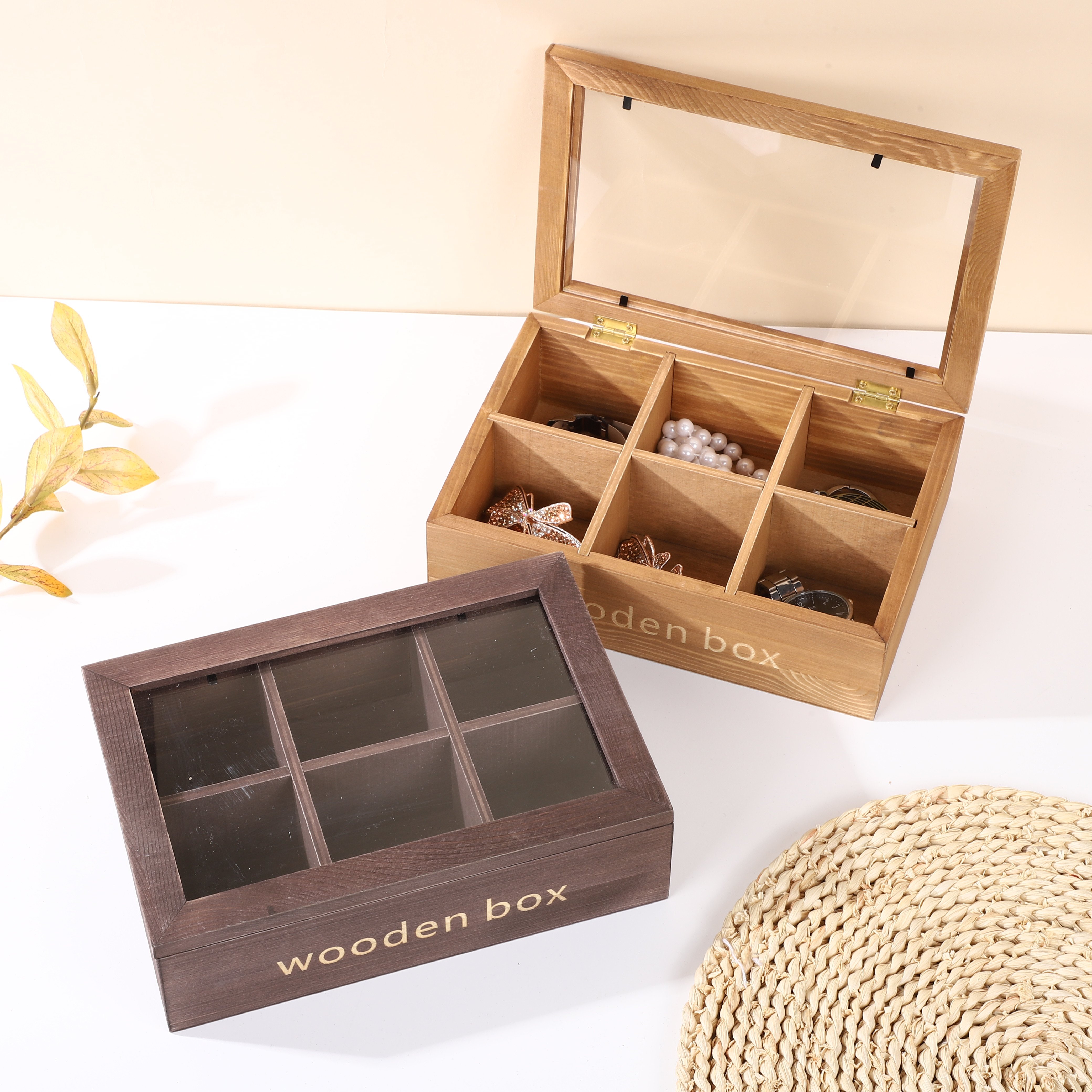 Jewelry Wooden tea box with Magnetic Hinged Lid tea wooden box Natural Bamboo Tea Box Storage Organizer with 6 Compartments