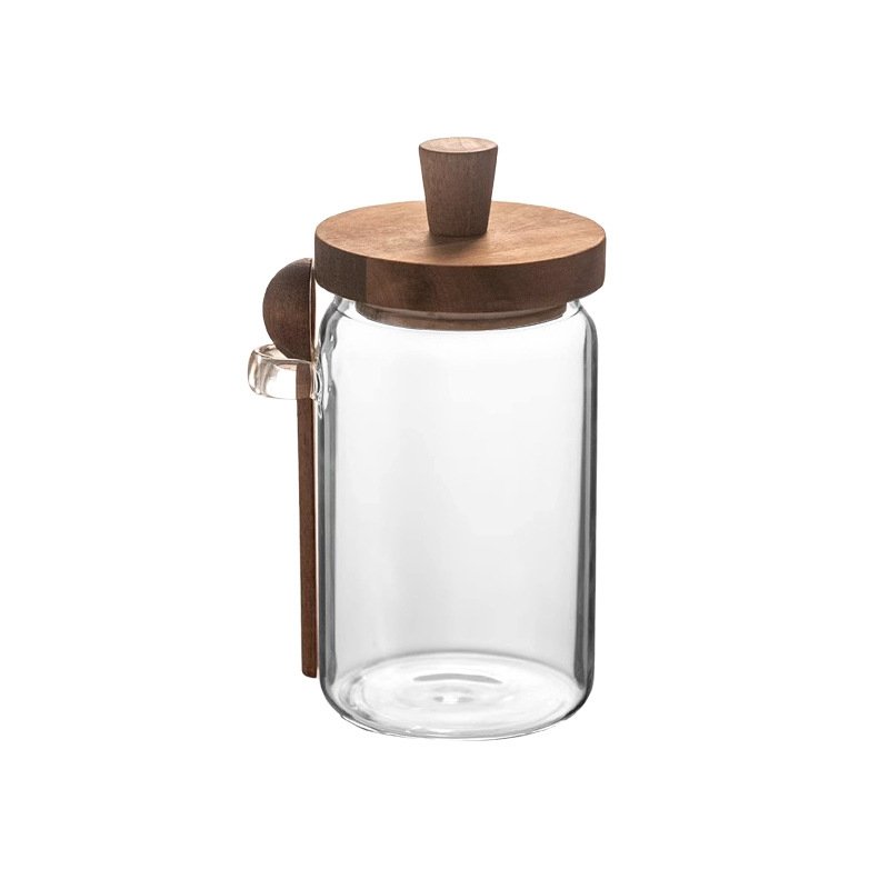 Wholesale 300ml-900ml kitchen food grade Transparent glass storage jar Wooden lid with wooden spoon