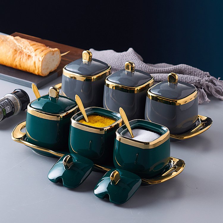 Kitchen Luxury Canister Food Storage Jar Ceramic Condiment Set Spice Jars Set with Spoon