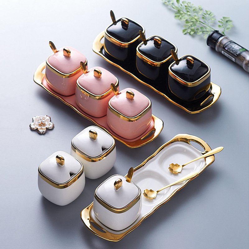 Kitchen Luxury Canister Food Storage Jar Ceramic Condiment Set Spice Jars Set with Spoon