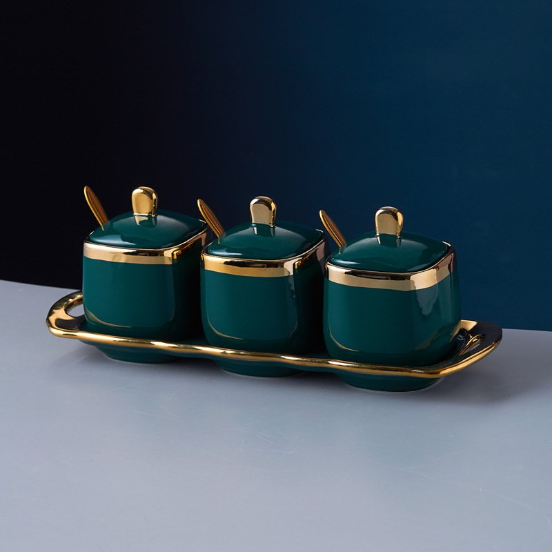 Kitchen Luxury Canister Food Storage Jar Ceramic Condiment Set Spice Jars Set with Spoon