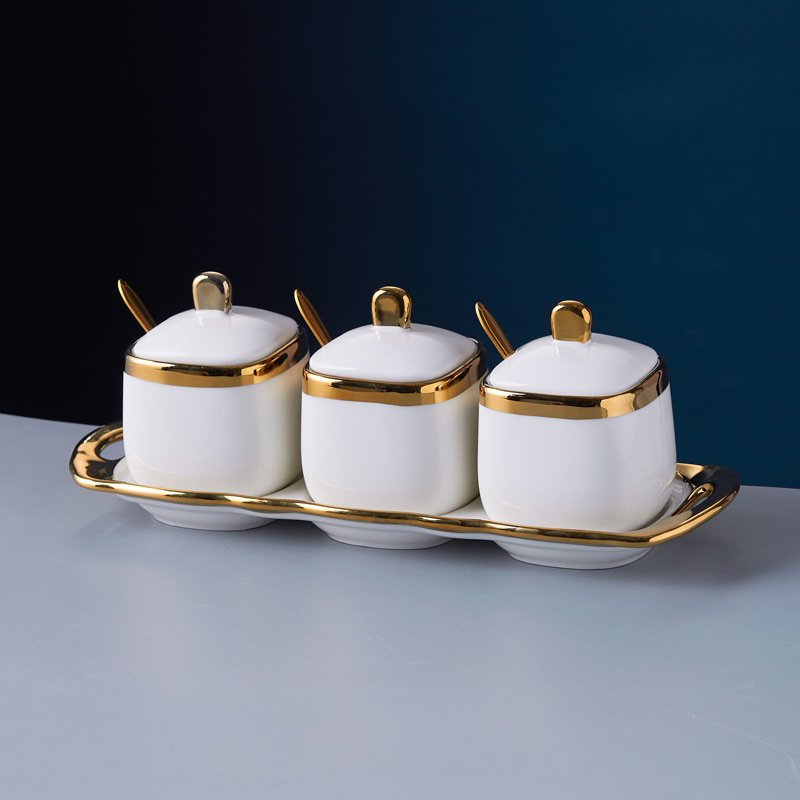 Kitchen Luxury Canister Food Storage Jar Ceramic Condiment Set Spice Jars Set with Spoon