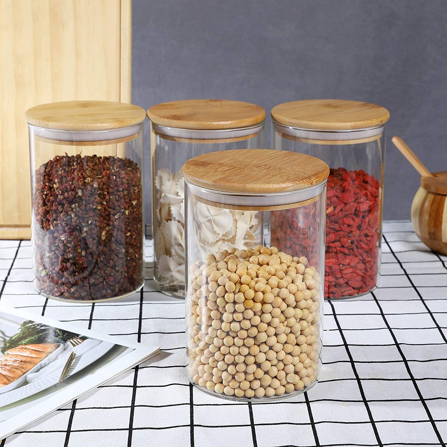 Glass Jars with Airtight Bamboo Lids, Glass Canisters Set Kitchen Food Storage Container for Candy, Spices, Coffee Bean