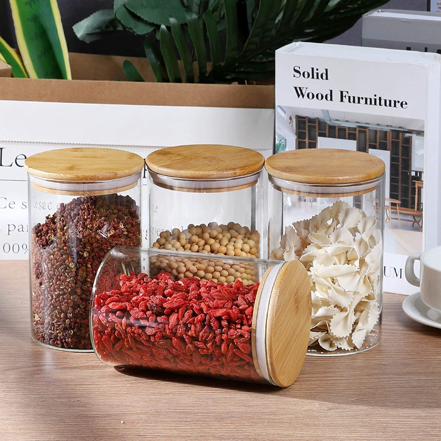 Glass Jars with Airtight Bamboo Lids, Glass Canisters Set Kitchen Food Storage Container for Candy, Spices, Coffee Bean