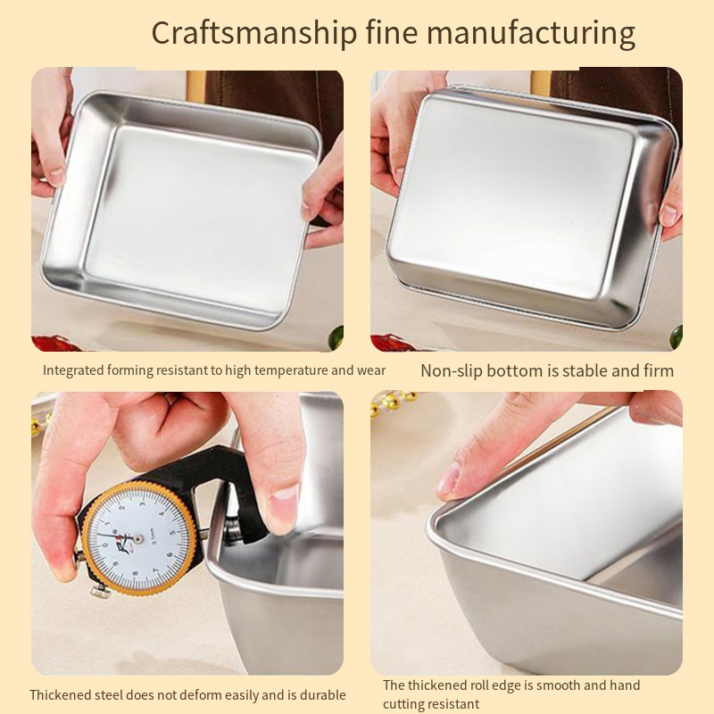 Thickened Square Plate Stainless Steel Rectangular Food Storage Pan With Lid Commercial Dish Tray Freshing Lunch Box Container