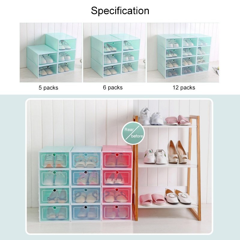 6pcs/Set Fold Plastic Shoes Case Thickened Transparent Drawer Case Plastic Shoe Boxes Stackable Box Shoe Organizer Shoebox