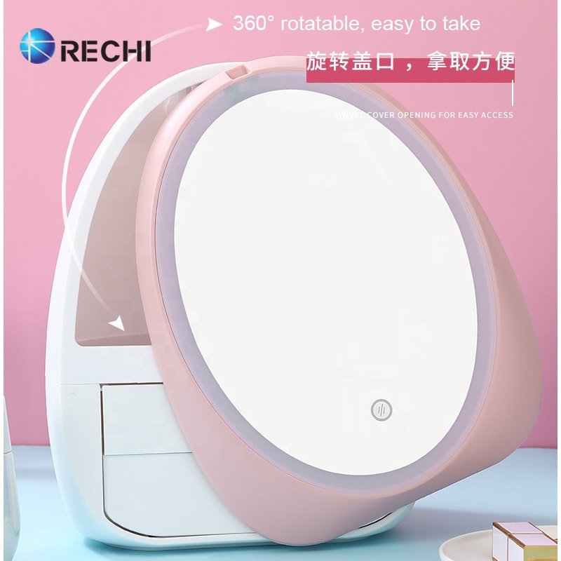 RECHI Household Cosmetics Storage Box For Make Up Perfume & Skincare Organization Box With 360 Rotating Led Mirror & Two Drawers