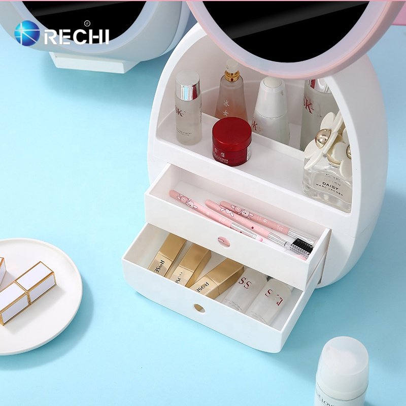 RECHI Household Cosmetics Storage Box For Make Up Perfume & Skincare Organization Box With 360 Rotating Led Mirror & Two Drawers