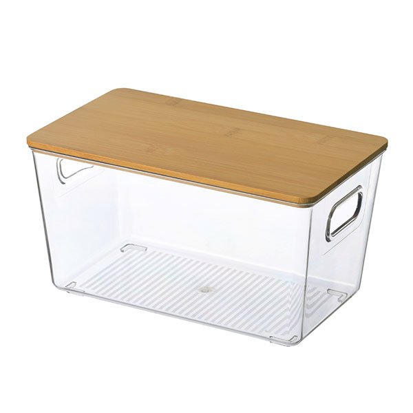 Medium Kitchen Food Storage Box With Bamboo Lid Clear PET Fridge Bins with Handles Stackable Storage Organizer Containers