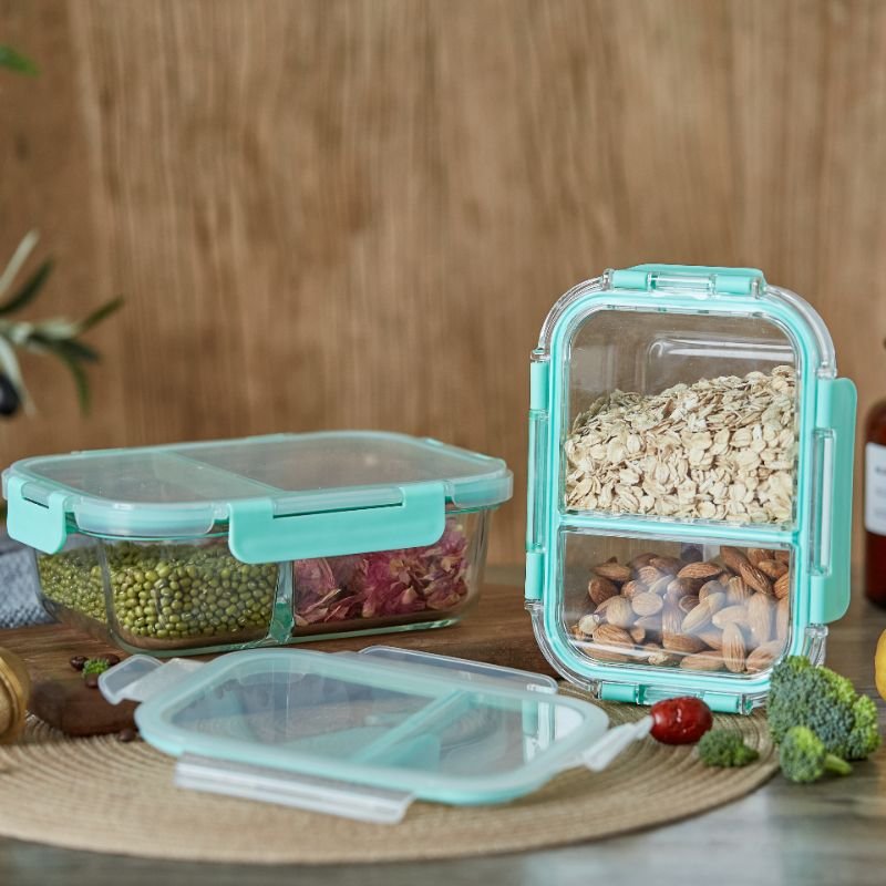 LINUO Hot sale microwave oven safe rectangle borosilicate glass meal prep lunch box food containers with 2 compartment divider